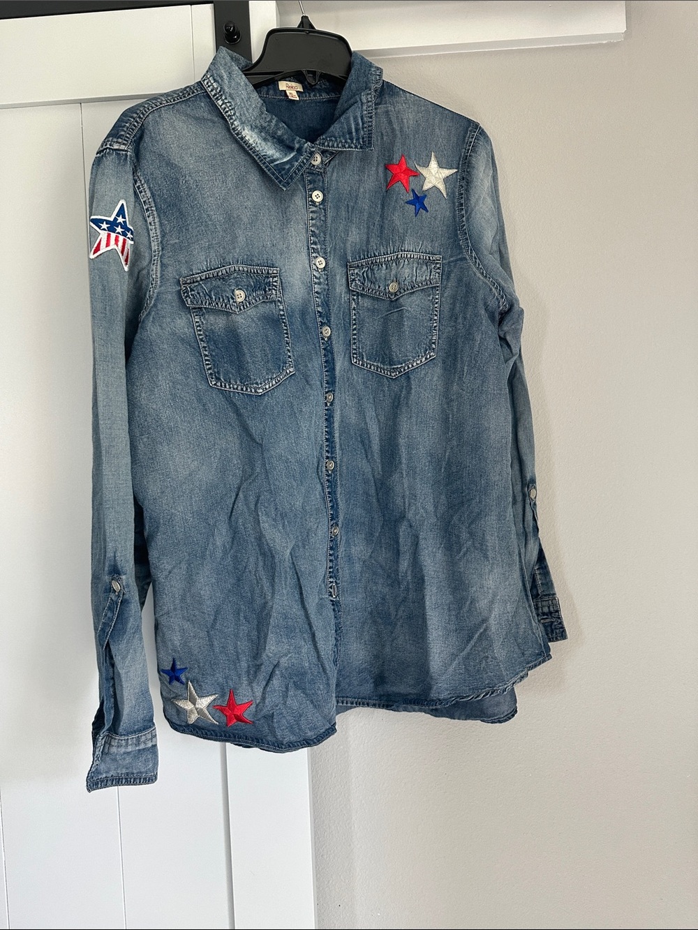 Reba Denim Button-Down Shirt with Red, White & Blue Star Patches